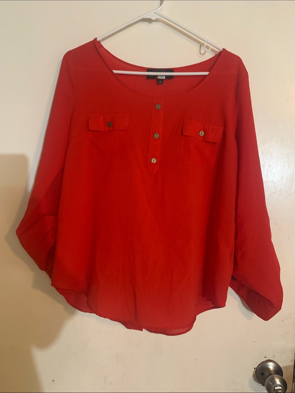 Sweet Wanderer Red Henley Roll-Tab Sleeve Blouse